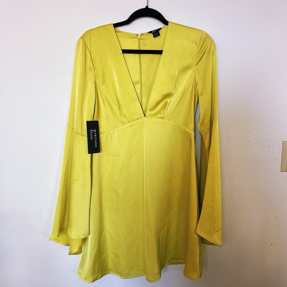 Marciano Chartreuse Plunge Neck Mini Dress - New with Tags